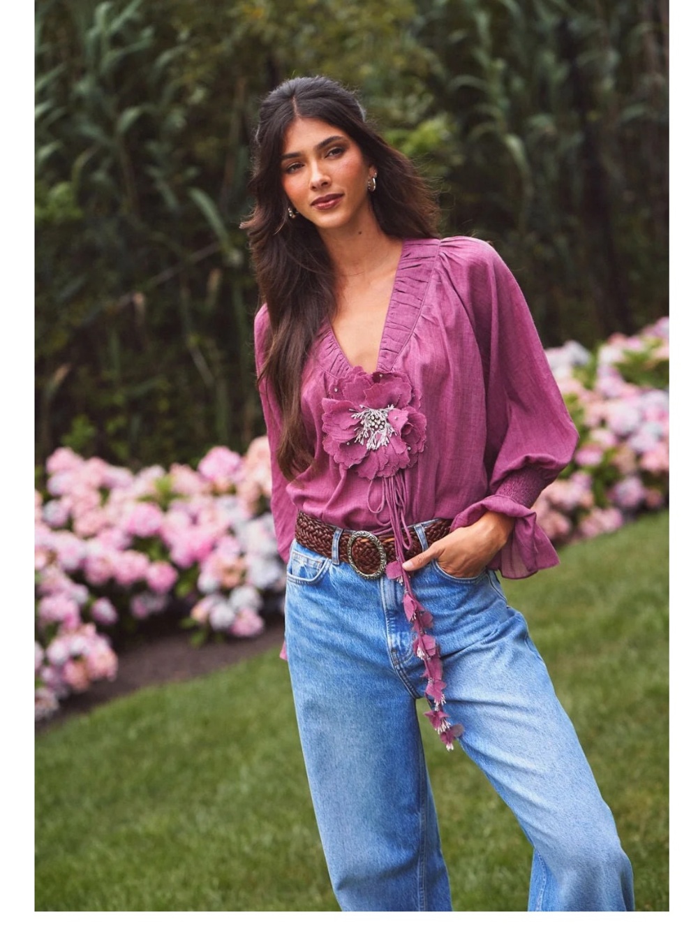 Women's Magenta Ruffled V-Neck Blouse